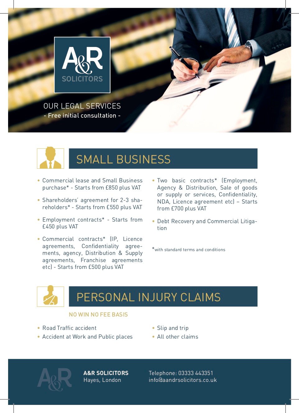Solicitors for SMALL BUSINESS, PERSONAL INJURY CLAIMS, IMMIGRATION – A & R Solicitors