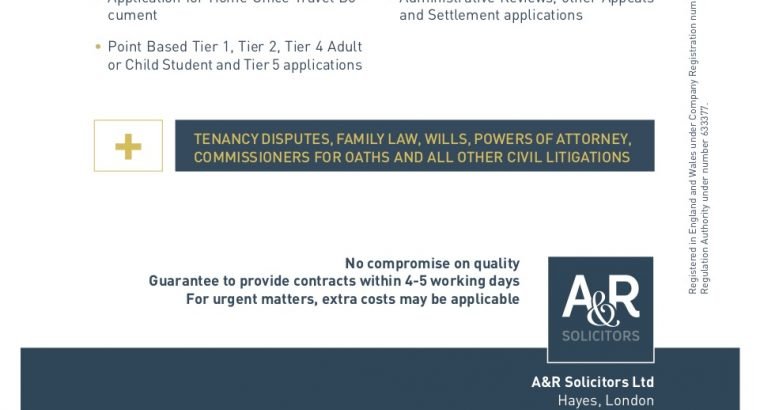 Solicitors for SMALL BUSINESS, PERSONAL INJURY CLAIMS, IMMIGRATION – A & R Solicitors