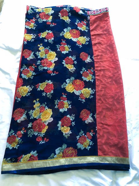 Hald and half Orange Dark Blue Designer Saree FLOWER with ready made blouse